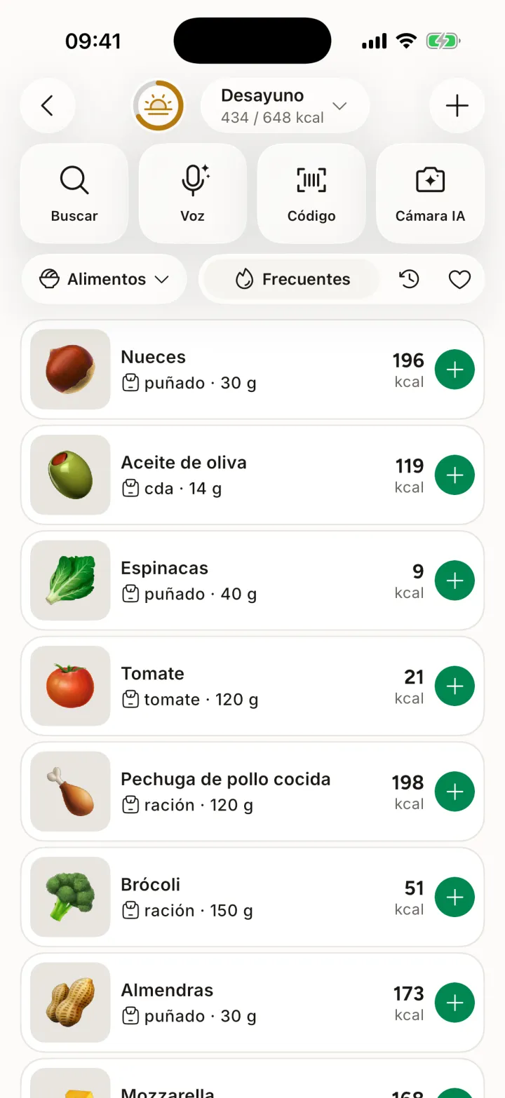Pantalla de búsqueda de alimentos con alimentos frecuentes