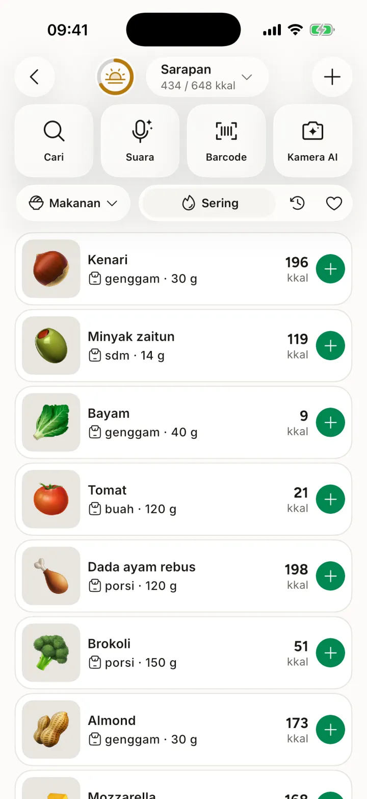 Layar pencarian makanan dengan makanan yang sering
