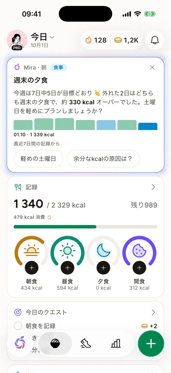 Miraの「今日」画面:食事ごとの記録カロリーと1日の目標